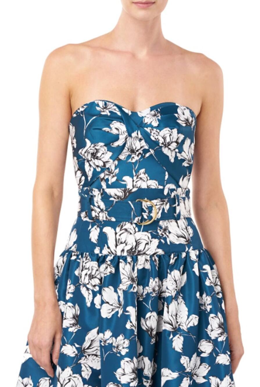 Amur Top Medium Ona Bustier Crop Floral Satin Sweetheart Tank Blue Party Elegant